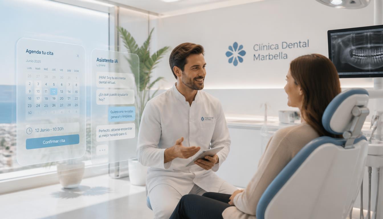 Dentista atendiendo a una paciente en una clínica dental moderna con asistente de IA en pantalla